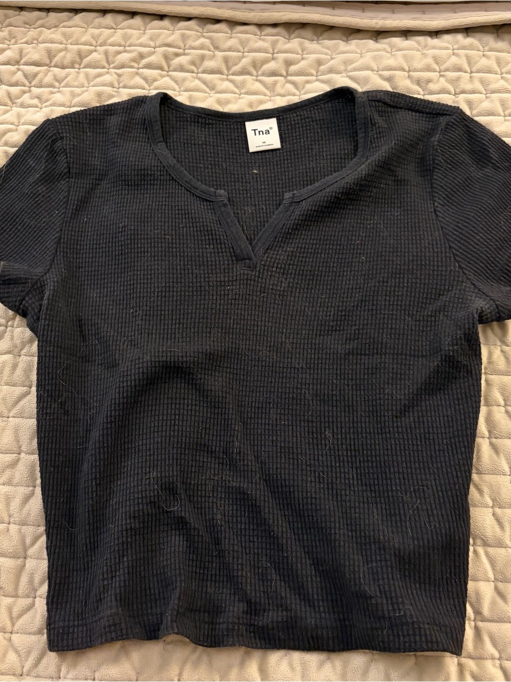 TNA Black Waffle-Knit Notch Neck Short Sleeve Top